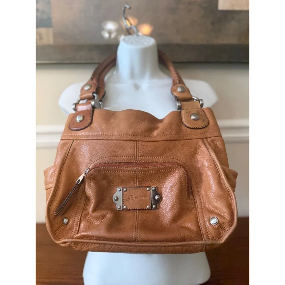 B Makowsky Tan Leather Leopard Interior Shoulder Bag Y2K